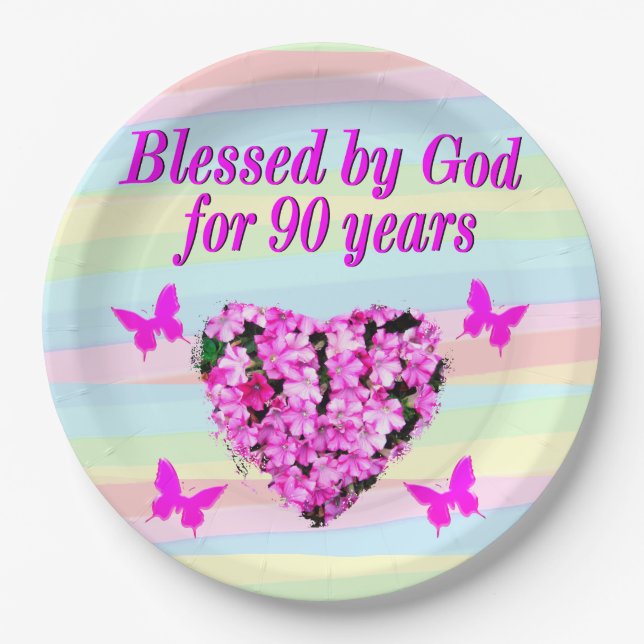 PRETTY PINK FLORAL 90TH BIRTHDAY PAPER PLATES (Front)