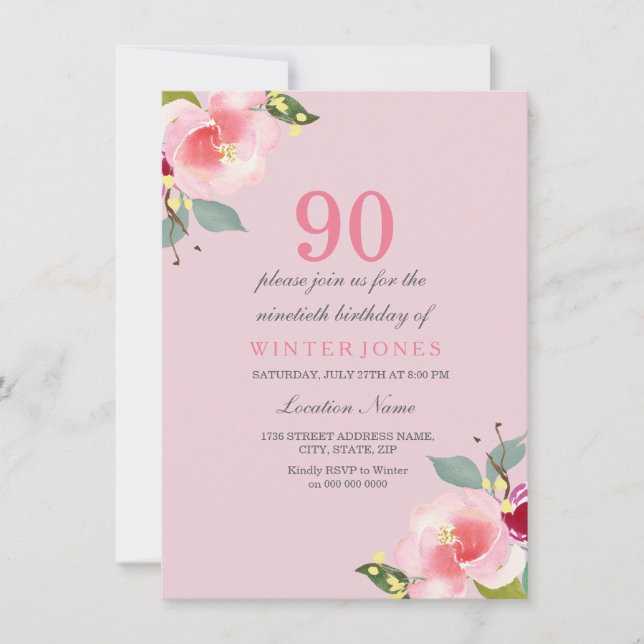 Pretty Pink Floral 90th Birthday Party Invitation (Front)