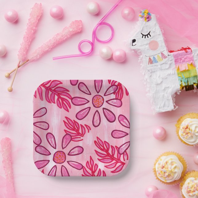 Pretty Pink Floral and Leaves Paper Plates (Party)
