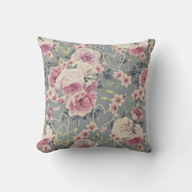 Pretty Pink Floral and Pearl Hearts Pattern Cushion (Front)