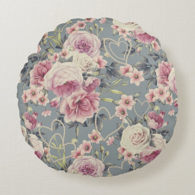 Pretty Pink Floral and Pearl Hearts Pattern Round Cushion (Front)