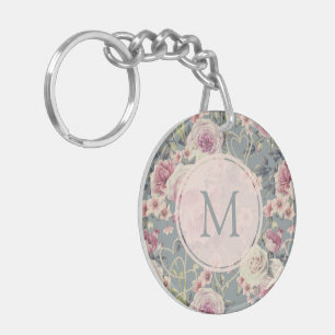 Pretty Pink Floral and Pearls Girly Monogram Key Ring