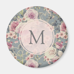 Pretty Pink Floral and Pearls Girly Monogram Magnet