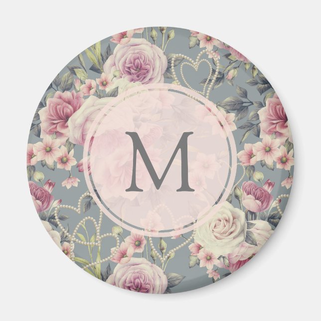 Pretty Pink Floral and Pearls Girly Monogram Magnet (Front)