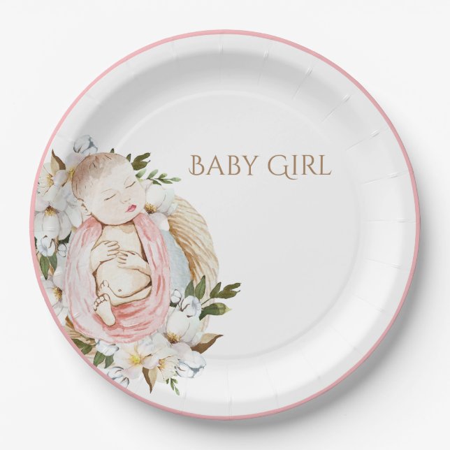 Pretty Pink Floral Baby Girl Baby Shower Paper Plate (Front)