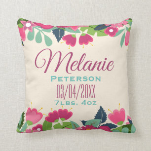 Pretty Pink Floral Baby Girl Birth Stats & Name Cushion