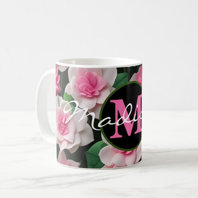 Pretty pink floral boho greenery pattern coffee mug (Front Left)