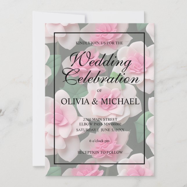 Pretty pink floral boho greenery pattern invitation (Front)