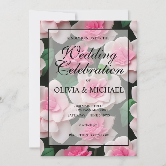 Pretty pink floral boho greenery pattern invitation (Front)