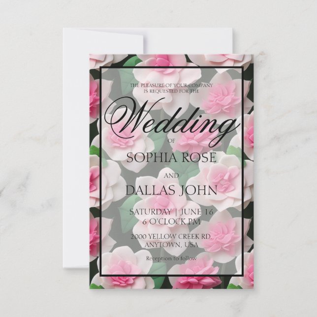 Pretty pink floral boho greenery pattern invitation (Front)