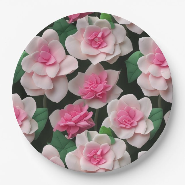 Pretty pink floral boho greenery pattern paper plate (Front)