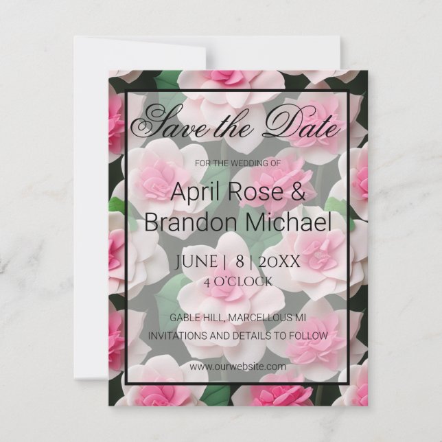 Pretty pink floral boho greenery pattern save the date (Front)