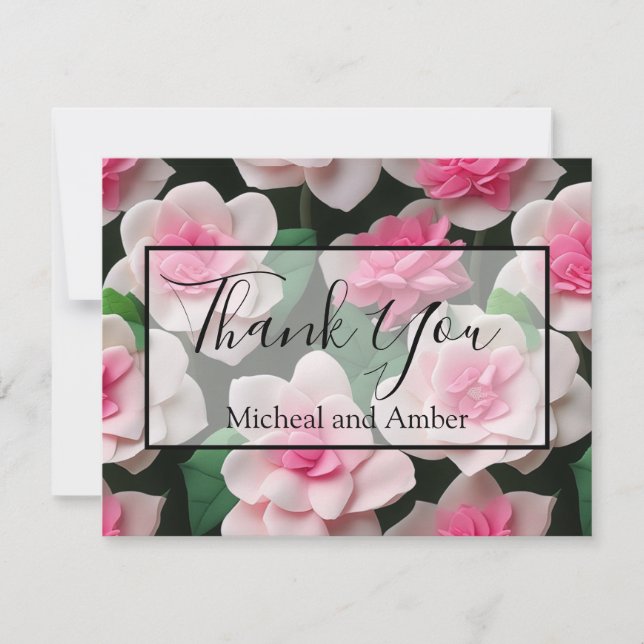 Pretty pink floral boho greenery pattern thank you card (Front)