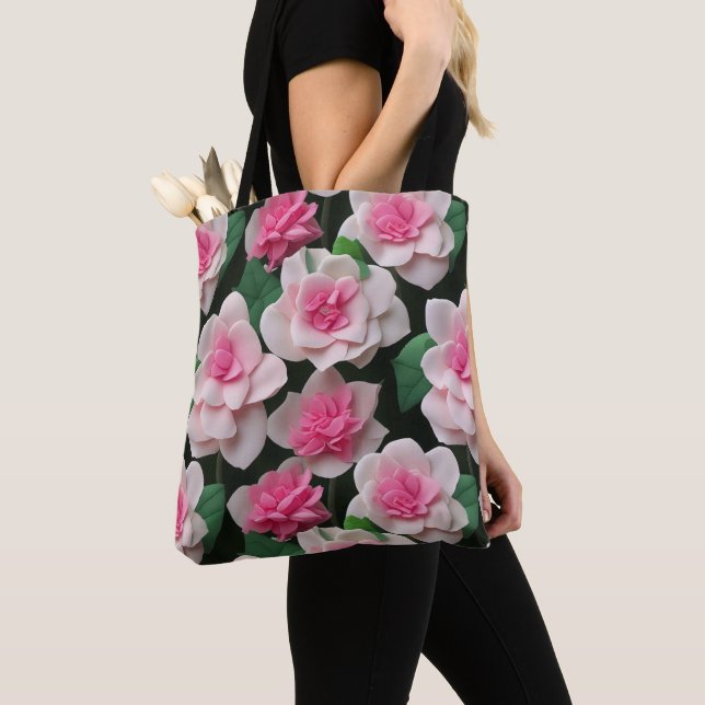Pretty pink floral boho greenery pattern tote bag (Close Up)