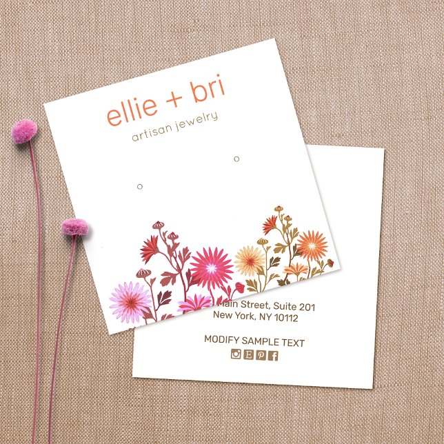 Pretty  Pink Floral Boho Stud Earring Display Square Business Card (Creator Uploaded)