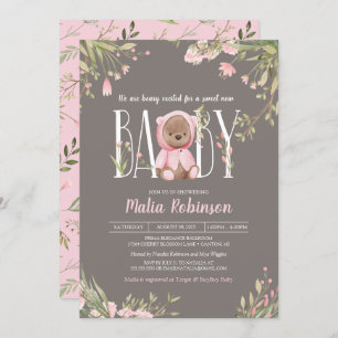 Pretty Pink Floral Boho Teddy Bear Baby Shower Inv Invitation