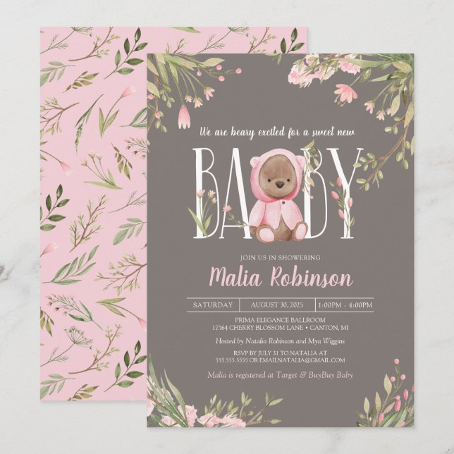 Pretty Pink Floral Boho Teddy Bear Baby Shower Invitation (Front/Back)
