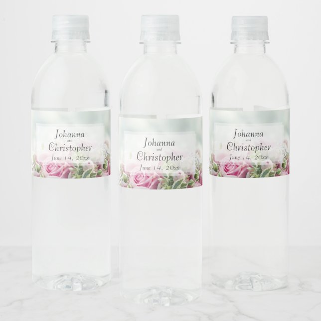 Pretty Pink Floral Bouquet on Pale Teal Wedding Water Bottle Label (Bottles)