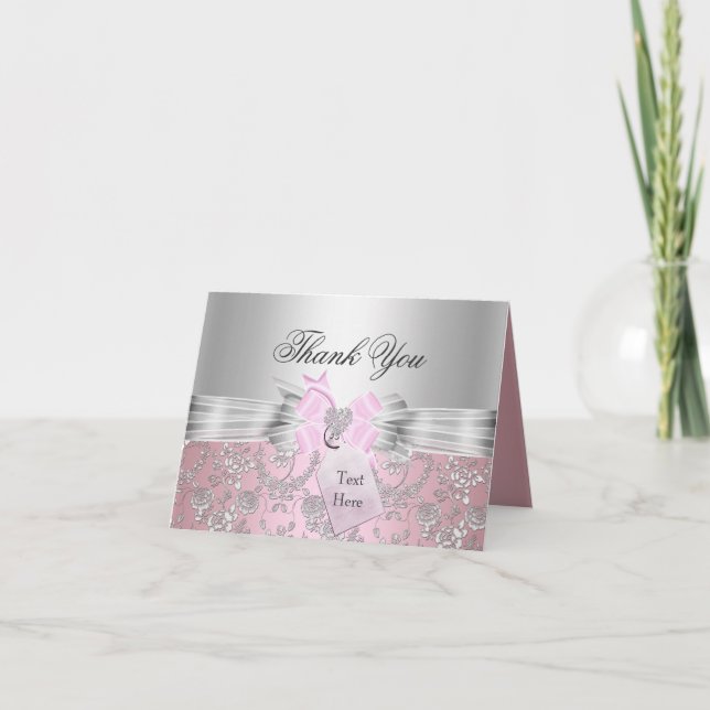 Pretty Pink Floral & Bow Thank You Card (Front)