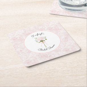 Pretty Pink Floral Bridal Shower    Square Paper Coaster