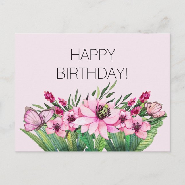 Pretty Pink Floral Butterfly Birthday Postcard (Front)