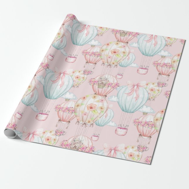 Pretty Pink Floral Chic Hot Air Balloons Wrapping Paper (Unrolled)