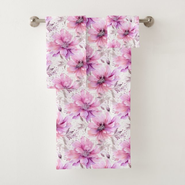 Pretty Pink Floral Coquette Flowers Bath Towel Set (Insitu)