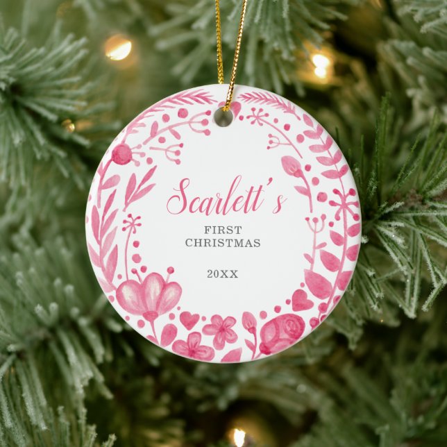 Pretty Pink Floral Custom Baby's First Christmas Ceramic Tree Decoration (Tree)