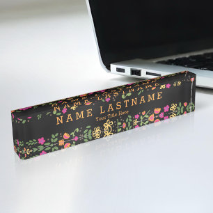Pretty Pink Floral Custom Black Desk Nameplate