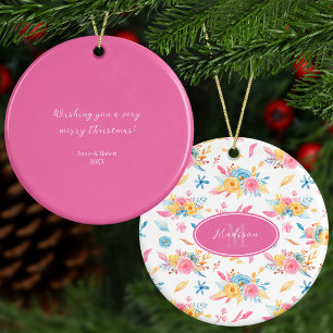 Pretty Pink Floral Custom Greeting Christmas Tree Ceramic Tree Decoration
