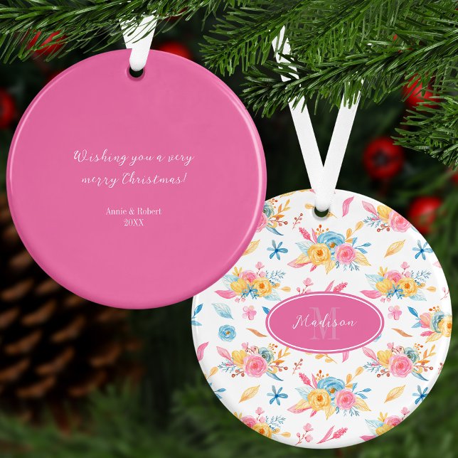 Pretty Pink Floral Custom Greeting Christmas Tree Ornament (Creator Uploaded)
