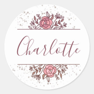 Pretty Pink Floral Custom Name Classic Round Sticker