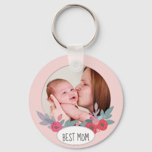 Pretty Pink Floral Custom Photo Best Mum Key Ring