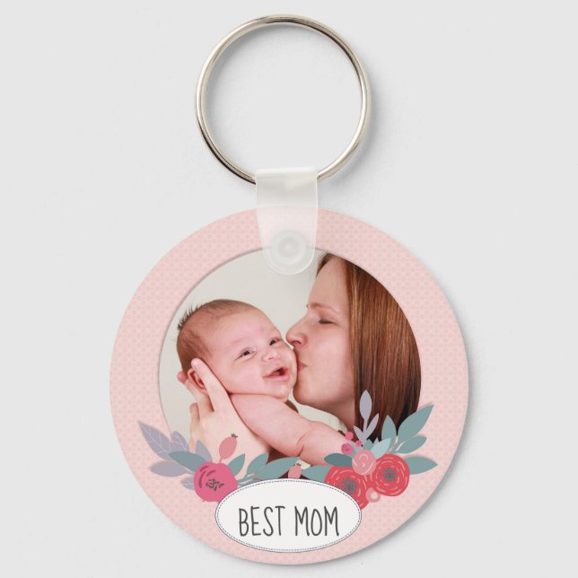 Pretty Pink Floral Custom Photo Best Mum Key Ring (Front)