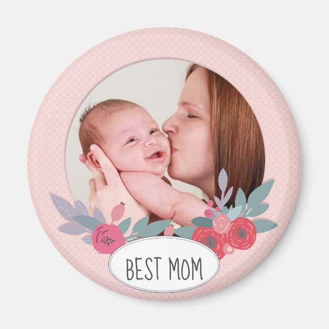 Pretty Pink Floral Custom Photo Best Mum Magnet (Front)
