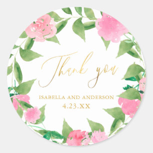 Pretty Pink Floral Faux Gold Wedding Thank You Classic Round Sticker