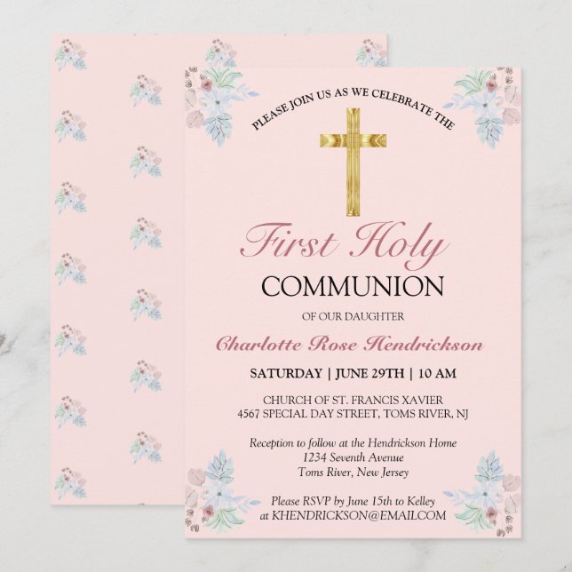 Pretty Pink Floral First Holy Communion Invitation (Front/Back)