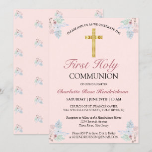 Pretty Pink Floral First Holy Communion Invitation