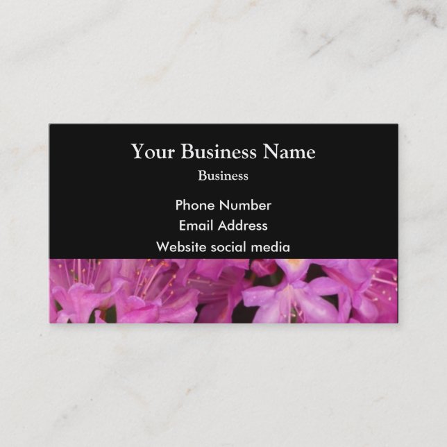 Pretty pink floral flower on black business card (Front)