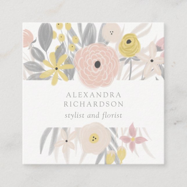 Pretty Pink Floral Frame Square Business Card (Front)