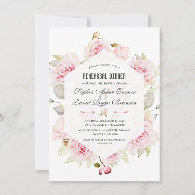 Pretty Pink Floral Geometric Rehearsal Dinner Invitation (Front)