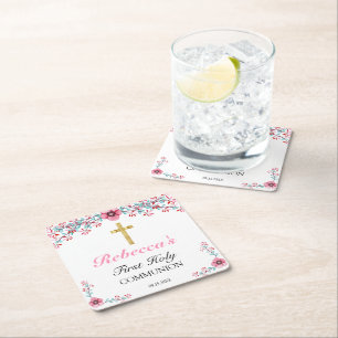 Pretty Pink Floral Gold Cross 1st Holy Communion Square Paper Coaster