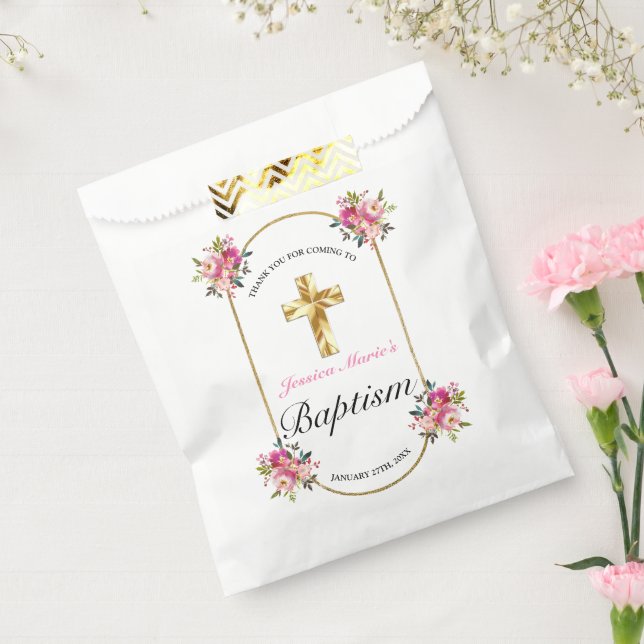 Pretty PInk Floral Gold Cross Baptism Favour Bags (Sealed)