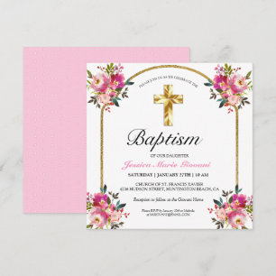 Pretty PInk Floral Gold Cross Baptism Invitation