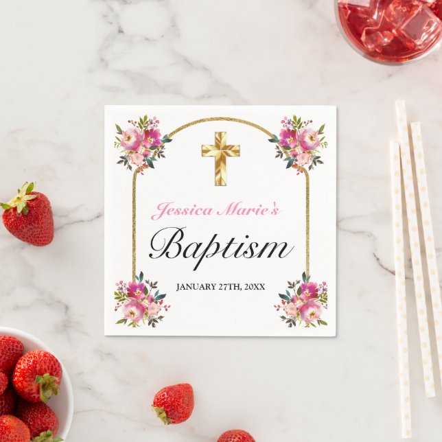 Pretty PInk Floral Gold Cross Baptism Napkin (Insitu)