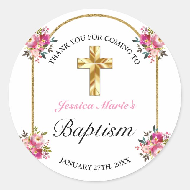 Pretty PInk Floral Gold Cross Baptism Thank You Classic Round Sticker (Front)