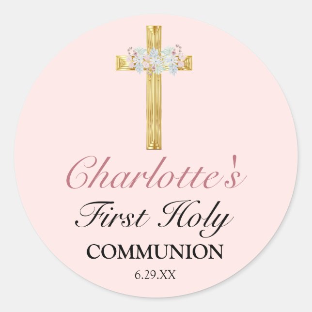 Pretty Pink Floral Gold Cross First Communion Classic Round Sticker (Front)
