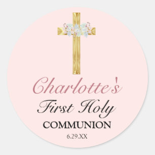 Pretty Pink Floral Gold Cross First Communion Classic Round Sticker