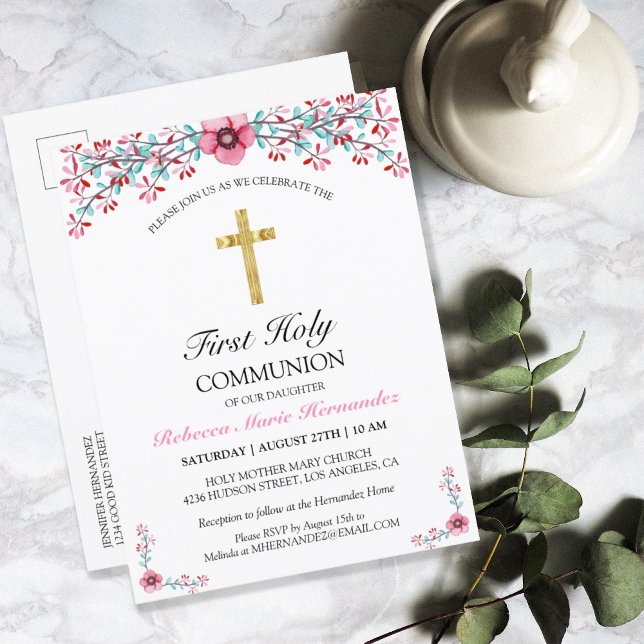 Pretty Pink Floral Gold Cross First Holy Communion Invitation Postcard (Creator Uploaded)