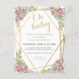 Pretty Pink Floral Gold Geometric Baby Shower In Invitation Postcard